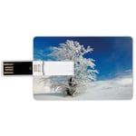 16G USB Flash Drives Credit Card Shape Winter Memory Stick Bank Card Style Lonely Tree on Snow Covered Land Cloudy Sky Rural Scenery January Cold Country Waterproof Pen Thumb Lovely Jump Drive U Disk