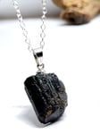 Black Tourmaline Chain Necklace Pendant Raw Gemstone Schorl Protection Small