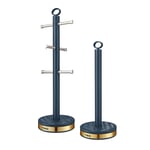 Tower T826092MNB Empire Mug Tree and Towel Pole Set, Stainless Steel, Anti-Slip, Midnight Blue and Brass