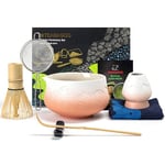 TEANAGOO Fouet à Matcha Japonais (7pcs) Matcha Set Mtacha Kit Bol à Matcha avec bec verseur Fouet à Matcha en Bambou (chasen) Scoop Support pour Fouet à Matcha.N35,Gradient Rose Blanc