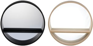 Arti Casa Miroir Mural avec Étagère - Miroir Rond - 35 x 8 x 35 cm - Convient pour Le Couloir, la Salle de Bains, Le Salon et la Chambre à Coucher - Bois/Verre - Noir ou Beige