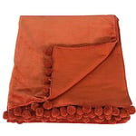 Ragged Rose 140 cm x 180 cm Throw Blanket - Pom Pom Throw Made of Cotton Velvet with Pompom Trims on Sides - Versatile Cotton Velvet Blanket for Sofa & Bed