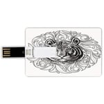 8G USB Flash Drives Credit Card Shape Tiger Memory Stick Bank Card Style Black and White Abstract Design Large Feline Head Sticking out from Bundle of Leaves,Black White Waterproof Pen Thumb Lovely J