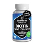 Biotin Hair Growth 10.000 mcg - with Selenium and Zinc - 365 Days Supply for Hair, Skin and Nails - 365 Vegan Tablets - German Quality - Vitamaze®