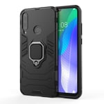 HAOTIAN Case for Huawei Y6p 2020, 360 degree Rotating Ring Holder Kickstand Heavy Duty Armor Shockproof Cover, Double Layer Design Silicone TPU + Hard PC Case with Magnetic Car Mount. Black
