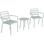 Outsunny - Salon de jardin bistro - table basse ronde ø 60 cm 2 chaises empilables - acier thermolaqué vert de gris