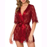 GROPC Robe De Chambre Satin Femme,Saint Valentin Lingerie Sexy Dentelle Transparente Soie Soie Babydoll Robe Robe Peignoir Kimono Vêtements De Nuit Homewear avec G-String,Rouge,M