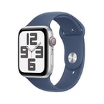 Apple Watch SE (2. Generation) GPS + Cellular 44 mm Smartwatch mit Aluminiumgehäuse in Silber und Sportarmband in Denim (M/L). Fitness und Schlaftracker, Unfallerkennung, Herzfrequenzmesser