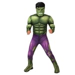 Rubies Costume Hulk Deluxe pour enfants de 7 à 8 ans avec poitrine rembourrée, couvre-bottes et masque pour carnaval, Noël, anniversaire, fête et Halloween