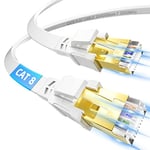 Cat 8 Câble Ethernet 5m, Cable RJ45 5m Plat Cable Réseau Ethernet 5m Haut Débit Fibre 40Gbps 2000MHz, LAN Gigabit Haut Debit Blindé Câble Internet Blanc pour PS5/4 Routeur Switch Xbox Modem PC