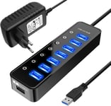 Hub USB 3.0 Alimentation, 7 ports Hub USB 3.0 de transfert de données, 1 port de charge intelligent, avec interrupteur et adaptateur d'alimentation 20 W (5 V/4 A)