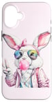 Coque pour iPhone 16 Plus Lunettes de soleil aviateur lapin de Pâques mignon Bubblegum Peace Sign