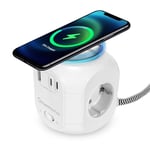 HOMEPROTEK Multiprise Cube - Chargeur Sans fil, Rallonge Multiprise USB avec 3 Prises, 1 USB-A, 2 Type C et Bloc de Charge, Station de Charge Multiple avec Interrupteur pour Domicile et Bureau (Blanc)