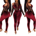 JJZZ Femmes 2 pièces Tenues, Sexy Manches Longues Club Mesh Couture Velvet Bolycéon Cold Epaule Combinaison Meilleur Cadeau pour Femme, Soeur, Petite Amie,Rouge,S