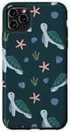 Coque pour iPhone 11 Pro Max Joli motif floral tortue de mer bleu marine corail et coquillage