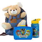 Paw Patrol Sac à dos pour enfant avec peluche amovible Lapin Bob, boîte à sandwich Paw Patrol et gourde bleue, kit idéal pour la maternelle ou les sorties en famille, bleu, 24 x 20 x 30 cm, Boîte à lunch + gourde + sac à dos pour enfant Lapin Bob