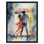 Artery8 Dancing In The Rain Watercolour Romance Red Blue Painting Rhythm Body Energy Theatre Arts Artwork Artwork Framed Wall Art Print A4