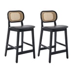 Tabouret de Bar Lot de 2 Chaise de Bar en Bois avec Coussin Chaise Bar Rotin pour Cuisine et Restaurant, Noir