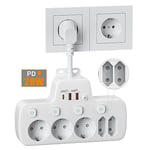 PD20W Multiprise avec USB, Prise Multiple avec Interrupteur Individuel, Multiprise Electrique Murale 5 Prises PD20W et QC18W Charge Rapide Prise USB Secteur Multiple Parafoudre Bureau Cuisine, Blanc