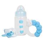 JC Toys - Set de 3 accessoires pour poupée (biberon, tétine et hochet), bleu, s'adapte à tous les poignets jusqu'à 50 cm, 2 ans