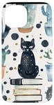 Coque pour iPhone 15 Aquarelle bleue à pois et chat noir esthétique