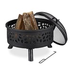 Relaxdays Braséro avec Grille de Barbecue, Pare-étincelles et tisonnier, pour Le Jardin, Ø 60 cm, en Acier Noir/argenté