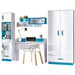 Mobilier1 - Chambre enfant complète Akron K106, Blanc + Turquoise