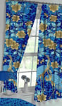 HERON BLUE 66" x 54" UNLINED PENCIL PLEAT CURTAINS GOLD FLORAL BIRD FLOWERS