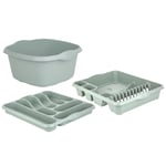 32cm Square Washing Bowl, Large Dish Drainer & Cutlery Tray Silver Sage Kitchen