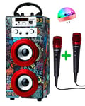 DYNASONIC Karaoke Machine with 2 Microphones, Portable Bluetooth Speaker with Lights, USB and SD Reader, Gift for Children (Model 21 lights)