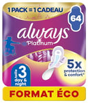 Always Platinum Serviettes Hygiéniques, Taille 3, Day & Night, 64 Serviettes Avec Ailettes, Flux Abondants Jour et Nuit, Format Eco, Douces et Flexibles, Super Absorbantes et Ultra Fines