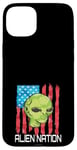 iPhone 15 Plus Funny Alien UFO USA Flag and Green Alien Head Case