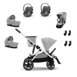 cybex GOLD Silver Silver i-Size Tvillingpaket Gazelle S Lava Grey inkl. barnvagnstillbehör S Cot Lava Grey, S sittenhet Lava Grey, bilbarnstol Cloud G Plus Lava Grey Plus och S adapter