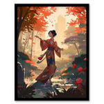 Artery8 Geisha Performing Traditional Dance Warm Painting Graceful Dancing Falling Leaves Floral Japanese Kimono Autumn Tree Tranquil Garden Landscape Artwork Framed Wall Art Print A4