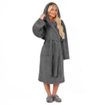 Teddy Fleece Long Dressing Gown Warm House Coat Hooded