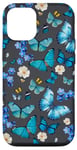 iPhone 14 Pro Blue Butterflies on Charcoal Black with Dainty Florals Case