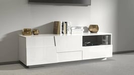 Dmora - Meuble TV Velio, Buffet Bas de Salon avec 2 Portes et 1 tiroir, Base Meuble TV, 150x44h46 cm, Blanc Brillant