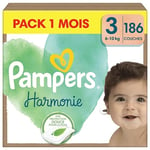 Pampers Harmonie, Taille 3, 186 Couches, 6-10kg, Protection Douce pour la Peau, Ingrédients d’origine végétale en contact avec la peau de bébé, Avec un Emballage Recyclable en Papier, Pack 1 Mois