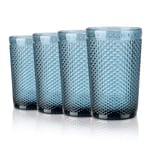 Joeyan Lot de 4 verres à boire vintage bleus en relief colorés, verres à eau de 350 ml avec motif diamant pour boissons, jus, cocktails, bière, passent au lave-vaisselle