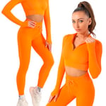 K-MART Gym sets for women 2 piece zip up jacket Workout outfits, Cropped Top, Long Sleeve, Leggings Set for Running, Yoga, Gym, Sports Activity (Orange, L)