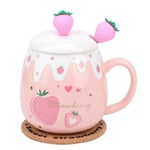 Rosa mugg, söt jordgubbsmugg med lock och sked, kaffemugg i keramik, Kawaii-mugg för te och mjölk, present till kvinnor, flickor, studenter, koreansk stil, julklapp, födelsedagspresent