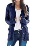 JFAN Gilet Femme Cardigan Long à Col en V Tricot à Manches Longues pour Femme Cardigan de Poche Devant Léger Chic et Elegant Automne Hiver Vêtements,Marine S