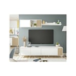 Composition tv 5 portes battantes Blanc/Bois clair - yana - Banc tv l 200 x l 40 x h 47 cm Module supérieur : l 99 x l 28 x h 36 cm Etagère : l 100 x