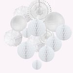 EASY JOY White Christmas Paper Snowflake Decorations White Hanging Paper fans Tissue Pom Poms Lanterns Flowers for Wedding Engagement Party Decor