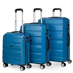 ITACA - Set of 3 Rigid Travel suitcases 4 Wheels Trolley 55/67/77 cm abs. Resistant and Lightweight. Luggage. Small Cabin Approved, Medium and Large., Blue