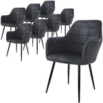 Lot de 8 Chaises de Salle à Manger avec Dossier et Accoudoirs, Gris Foncé, Chaises de Cuisine avec Revêtement en Velours, Pieds en Métal Noir,