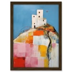 Artery8 House on the Hill Oil Painting Abstract Geometric Patchwork Palette Knife Pastel Colour Rural Landscape Artwork Framed A3 Wall Art Print