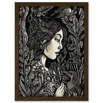 Woman with Crow in a Field Black and White Linocut Artwork Framed Wall Art Print A4