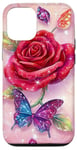 Coque pour iPhone 15 Pro Adorable rose rouge et papillon avec étoiles et papillons roses