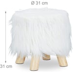 Tabouret fausse fourrure poils pouf 4 pieds bois blanc